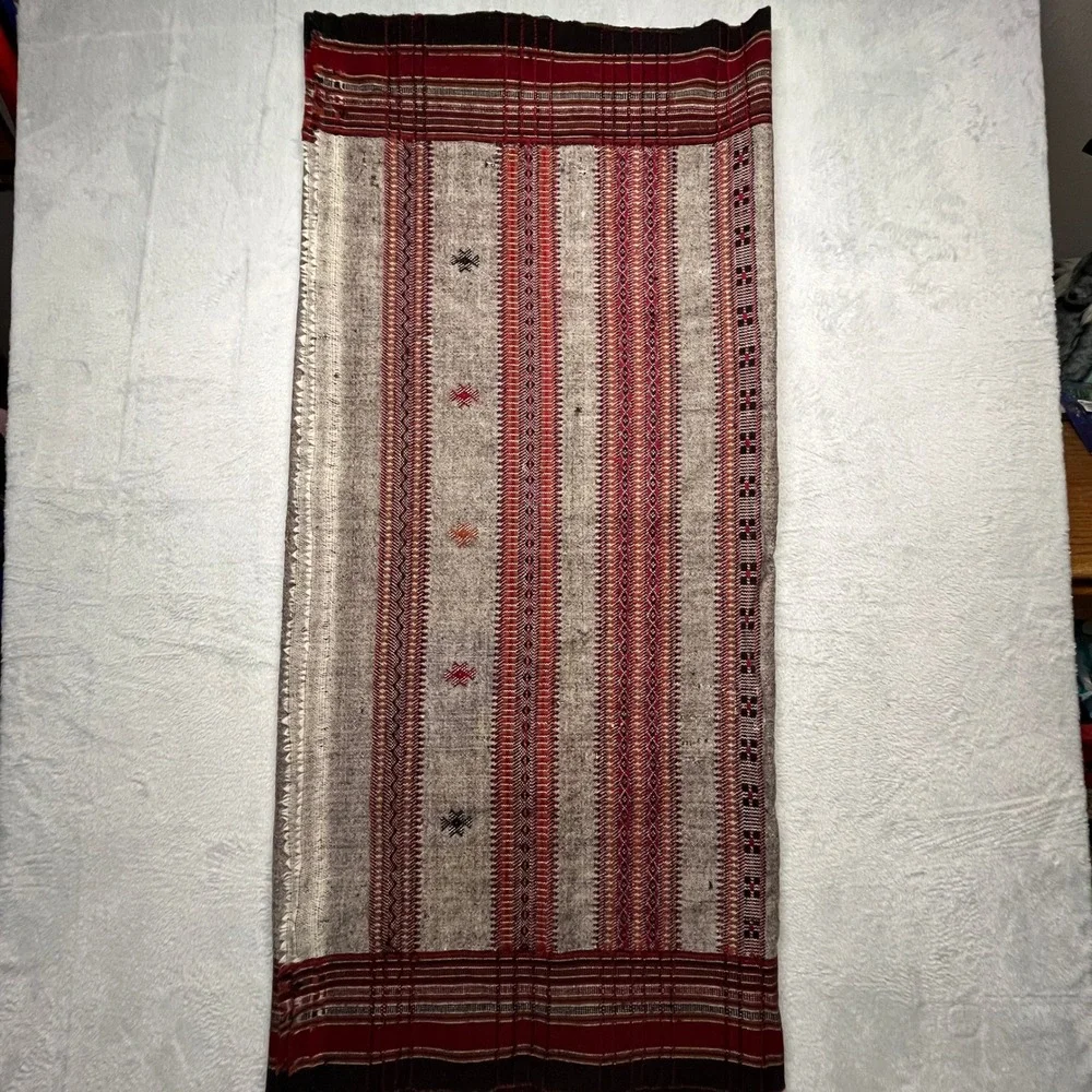 Afghan Patoo Blanket Shawl Grey Burgundy Woven Wool Blend Geometric Wrap